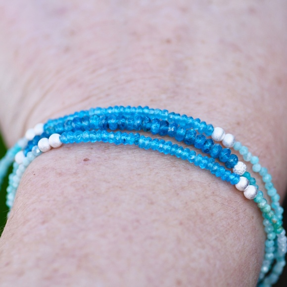 Natural Neon Blue Apatite, Amazonite Necklace / Wrap Bracelet Sterling Silver - Picture 7 of 12